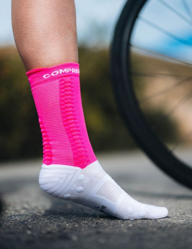 Compressport Pro Racing Socks v4.0 Bike Muške Cycling Socks Bijele Roze | 251-FWTEOZ